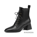 Women Ankle Boots Handmade Luxury Genuine Leather Medium Heels Laces Black Short Boot Elegant Female Booties Designer Shoe