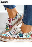 Women Vulcanized Shoes Floral Printed Lace-Up Female Flat Shoes Fashion Platform Ladies Casual Flower Skateboard
