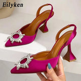 Rose Red Women Pumps Silk Satin Pointed Toe Rhinestone Crystal High Heels Woman Wedding Dress Pumps On Cup Heeled