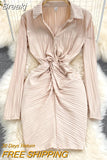 Women Dress 2023 New Spring Fashion Solid Turn down Collar Long Sleeve Twist Front Empire Folded Mini Party Bodycon Dress
