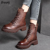 Leather Shoes Women Boots Zip Round Toe Flat With Handmade Concise Leisure Sewing Platform
