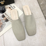 Women Mules Slippers Women Summer Flats Sandals Knit Fabric Stretch Slides Holiday Beach Shoes Square Heel Square Toe