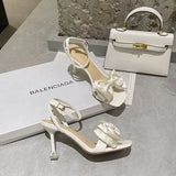 8CM Sandals Women Summer Designer Sandals Heels Rhinestone Silk Bow Ankle Strap Ladies Prom sandale femme luxe