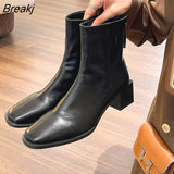 New Square Toe Women Ankle Boots Ladies Eelgant Thick High Heel Solid Chelsea Shoes High Quality Leather Short
