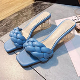 Slippers Transparent High Heels New Summer Shoes Square Heel Weave Square Toe Slippers Ladies Sexy Ladies Leather