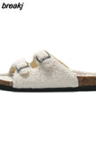 New Winter Plush Inside Women Slipper Casual Fashion Home Buckle Artificial Fur Slip on Soft Slides