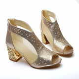 High-heeled Sandals Women Summer Thick-heeled Fish Mouth Large Size Mesh Breathable Women's Rhinestone Back Zipper