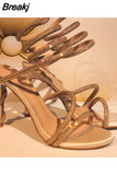 Winding Crystal Sandals Woman Summer 2023 Runway Ankle Strap Party Shoes Stiletto Sandals High-heeled Ladies