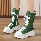 Green Chunky Mid Calf Canvas Boots Women Autumn Side Zipper Thick Bottom Motorcycle Boots Woman Lace Up Platform