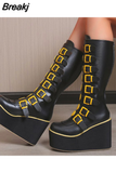 Size 43 Black Gothic Vampire Halloween Cosplay Punk Buckle Street Platform Wedge High Heel Boots Women Shoes