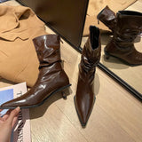 Black Leather Women Ankle Boots Thin Mid Heels Stretch Booties Back Zipper Pointed Toe Fold Design Elegant Winter
