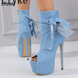 New Style Blue Denim Platform Boots For Women Sexy Peep Toe Zip Party Club Pole Dance Extreme High Heels Stiletto
