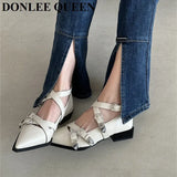 Spring Women Flat Shoes Brand Mary Jane Fashion Pointed Toe Low Heel Party Dress Pumps Belt Cross Strap Ballet Casual