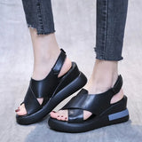 Summer Women Wedge Heeled Pu Leather Sandals Cross Strap Korean Style Casual Shoes Ladies Open Toe Solid Buckle