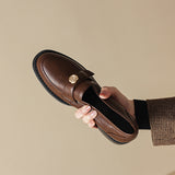Women's Loafers British Style Mid Heel Round Toe Single Shoes Slip on Leather Shoes for Women School Casual Flats Туфли
