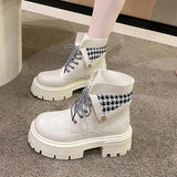 Boots Rock Shoes Woman Round Toe Lace Up Plush Winter Footwear Boots-Women Med Lolita Fur 2023 Autumn Ankle Solid Rome