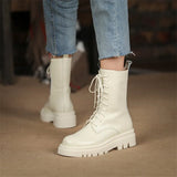 Real Leather High Heel Motorcycle Boots Woman Wool Platform Block Heel Ankle Boots Lace Up Short Boots Zip Lady Shoes