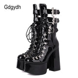 Gothic Style Black Platform Boots Bat Wings Sexy Clube Night Modern Boots Women Mid Calf Ankel Buckle Strap Plus Size
