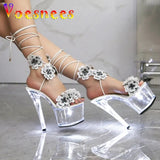 Transparent Platform High Heels Light Up Glowing Luminous Sandals Handmade Flowers Ankle Strap 17CM Summer Shoes For