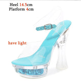 Glowing Sandals Women 2023 Summer New Flowers Transparent High Heels 14.5cm Platform Thick heel Ladies Banquet