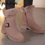 Women's Plush Snow Boots Black Brown New Winter Thick Soled Snow Proof Anti Slip Ankle Boots Plush Medium Cotton