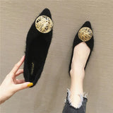 Metal Buckle Mink Fur Ballet Flats Women Pointed Toe Warm Plush Loafers Female Outdoor Winter Mules Shoes Big size