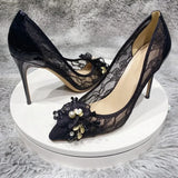 Flowers Bow Women Lace Mesh Pointy Toe High Heels Elegant Ladies Designer Stiletto Pumps Summer Dress Shoes Black