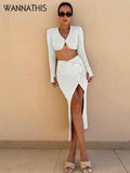 Knitted 2 Piece Set Women Button V Neck Long Sleeve Waist Tops Button Skirts Women Sexy Slim Split Elegant Skirts