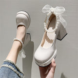 Ladies High Heels Elegant Bow Square Toe Black High Heels Fashion Thick Heel Wedding Party Pearl Lace Wedding Shoes
