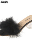 Fluffy Peep Toe Sexy High Heels Women Shoes Fur Feather Lady Fashion Wedding Slip-On Pink Square Sandals Tacones