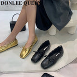 Brand Flats Women Shoes Female Slip On Casual Loafers Square Toe Ballet Boat Shoes Shallow Bow Knot Ballerinas Gold