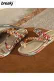 Summer Women Beach Bohemian Print Flip Flops Fashion Flower Rhinestone Weave Gladiator Non-slip Slides Slipper