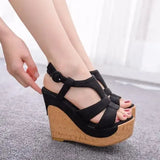 Large Size Beige Heeled Sandals Velvet Shoes Cross-Shoes Clogs Wedge 2024 Summer Espadrilles Platform Big Black High