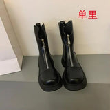 Boots Rock Shoes Woman Boots-Women Flat Heel Luxury Designer Round Toe Lace Up Winter Footwear 2023 Ankle Med Lolita