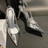 High Heels Slingback Silver Women Pumps Metallic Crystal Sandals Pointy Toe Stiletto Heeled Shoes Party Dress Shoes