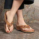 Women 2023 Summer Floral Wedges Flip Flops Pu Sewing Bohovintage Flower Outdoor Slippers Ladies Casual Beach Shoes