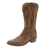 Rivet Cowboy Boots for Women Wide Mid Calf Embroidered Western Boots Woman Slip On Thick Heels PU Leather Botas Mujer