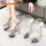 PVC Anti-skid Pole Dance Pumps Women's Thin Heel Sexy Transparent Crystal Shoes Waterproof Platform 17CM High Heels