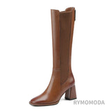 High Boots Women 2022 Winter Warm Handmade High Quality Split Cow Leather ZIP Brown Black Block High Heels Long Boot