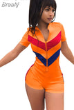 Sport Women Rompers Zipper Bodycon Jumpsuit Striped Patchwork Casual Slim Overalls Short Sleeve Streetwear