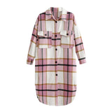 Vintage Plaid Long Woolen Coat Women Long Sleeve Pockets Overcoat Female Turn Down Collar Loose Outerwear Coats