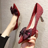 Breakj New Joker Net Celebrity Sexy High Heels Women Fashion Bow Pointed Single Shoes Red Wedding Shoes