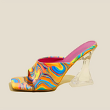 Printing Summer High Heels 2023 New Fashion Square Head Crystal High Heel Slippers Women's Sandals Outdoor