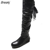 For Women 2023 Spring Knee High Boots Red Black White Tall Boots Woman Pleated Low Heel Casual Leather Female Long