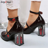 Women Punk Leather Mary Jane Shoes Gothic High Heels Pumps Rose Heeled Leather Lolita Shoes Woman Ankle Straps Mary Jane