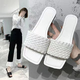 Women's Summer PU Leather Solid Color Square Toe Plain Sandals Women's Outdoor Beach Shoes Slippers Women's Fashion