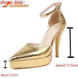 Brand 2023 Thin High Heel Ankle Strap Pumps Shoes Pointed Toe Metallic Feel Design Sexy Style Spring Summer Lady Women