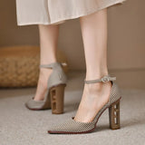 Women's Pumps Vintage Pointed Toe Chunky Heel Strange Style Lattice Hollow High Heels Party Leather Shoes Plus Size