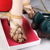 New Summer Top Cowhide Printing Spell Color Trend Sandals Open Toe Genuine Leather Sandals Thick Heel Women Sandal