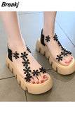 Women Shoes Sandals Ins Tide 2023 New Female Summer Flowers Flat Fashion Thick Sole Transparent High Heels Ladies
